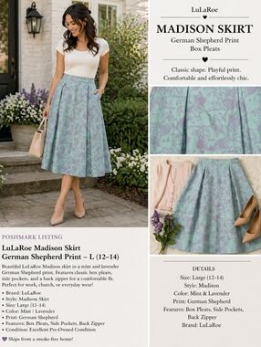 LuLaRoe Madison Skirt L German Shepherd Print Mint Lavender Box Pleat A-Line Poc